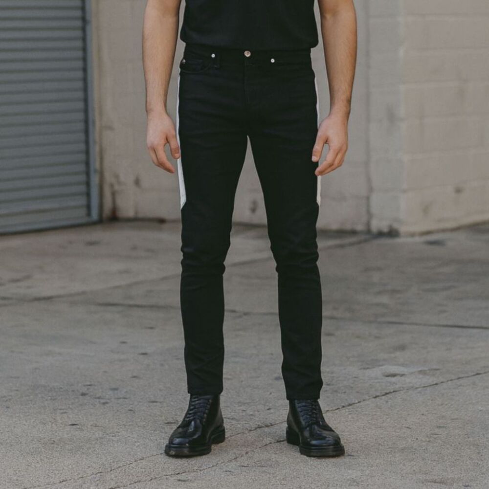 KEISER CLARK Black Slim Denim White Leather Panel Jeans Pants Mens Size 31